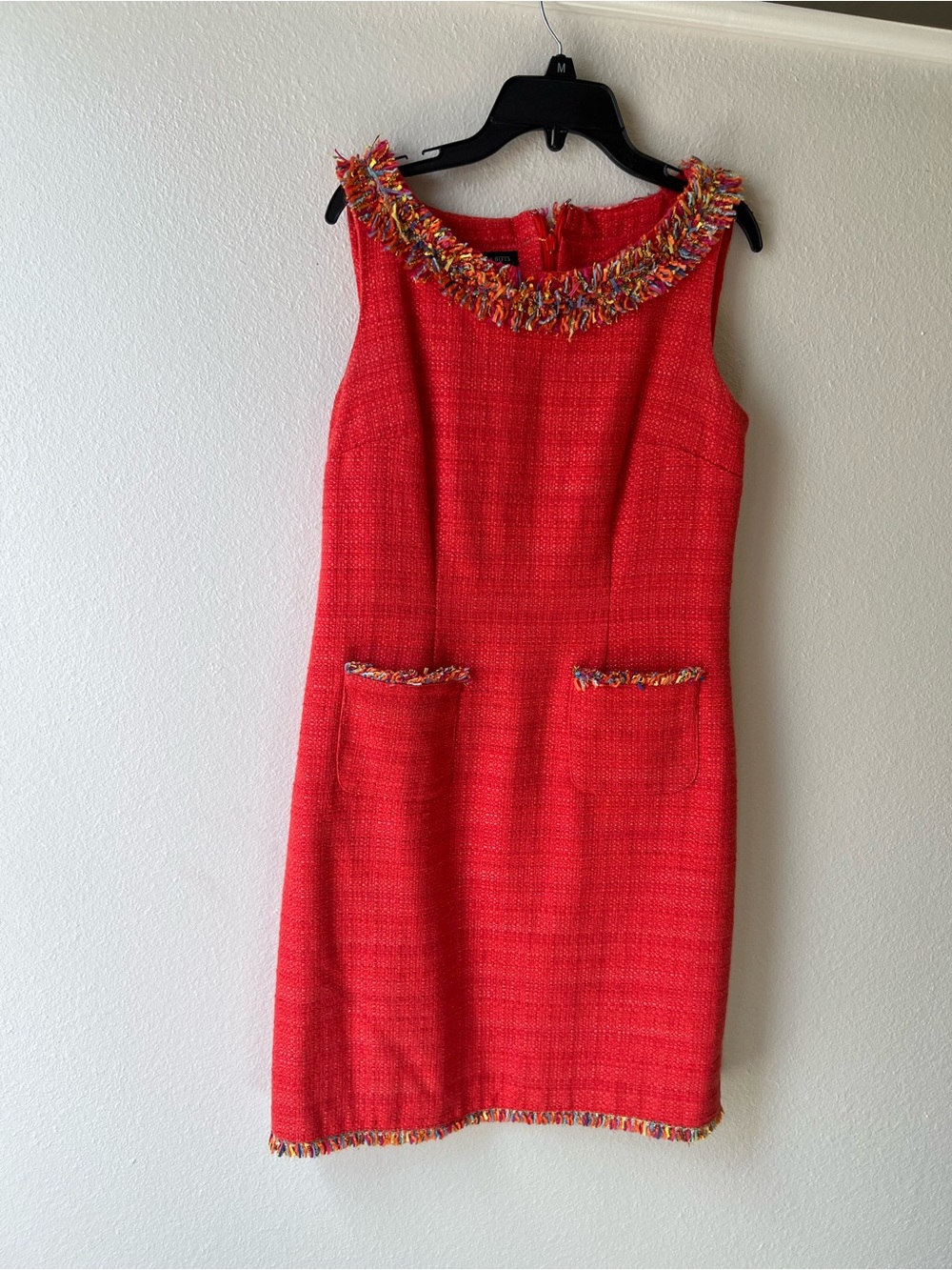 Talbots Red Tweed Sleeveless Shift Dress with Multicolor Fringe